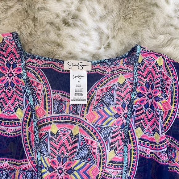 Jessica Simpson Blue and Pink Graphic Short Sleeve Swim Coverup - Picture 2 of 4